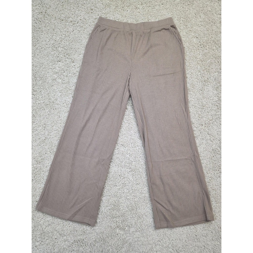 EZ by Nina Leonard Pants Womens Large Taupe Ribbed Knit Wide Leg Stretch Pockets